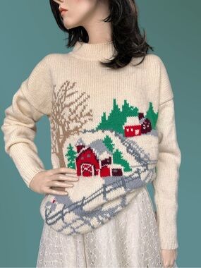 Vintage Scenic Wool Farm Landscape Sweater